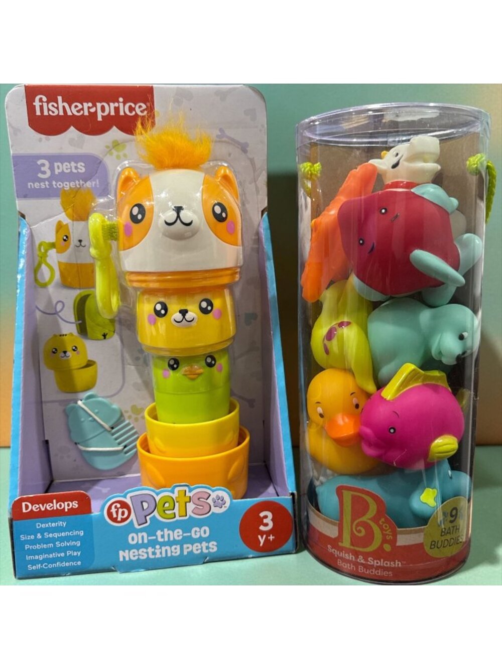 Fisher-Price & B.Toys Bundle: On-The-Go Nesting Pets + 9-Piece Squish & Splash B